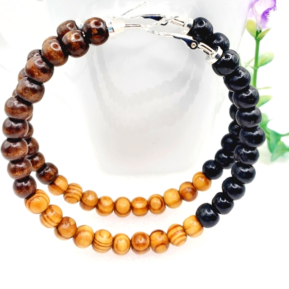 Hoop earrings with wooden beads, large hoop earrings. 2.9 Inches - Picture 3 of 4